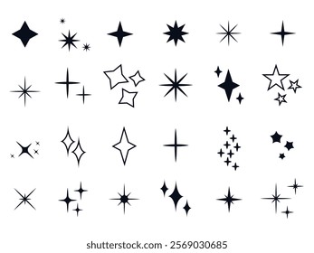 Graphic design elements set includes sparks and stars. Simple ink icons of stars, glitter, glow, shimmer clip art. Vector graphics