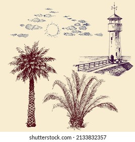 Graphic design elements set. Lighthouse, palm trees, sun and clouds