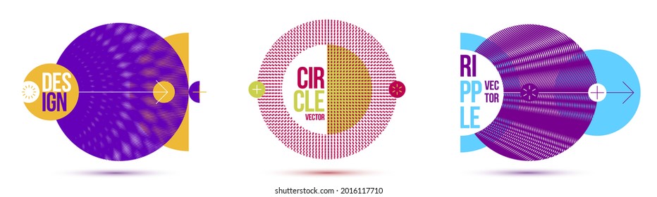 Graphic design elements vector set, moire trendy layouts with circles, posters and covers abstract modern art, optical art banners.
