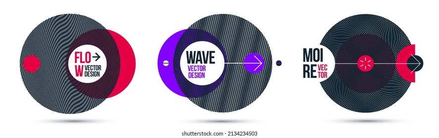Graphic design elements vector set, moire trendy layouts with circles, posters and covers abstract modern art, optical art banners.