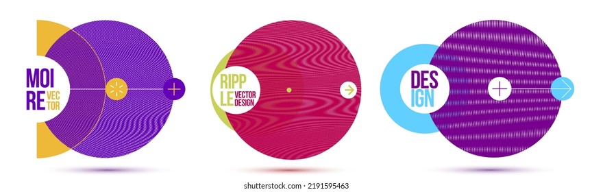 Graphic design elements vector set, moire trendy layouts with circles, posters and covers abstract modern art, optical art banners.