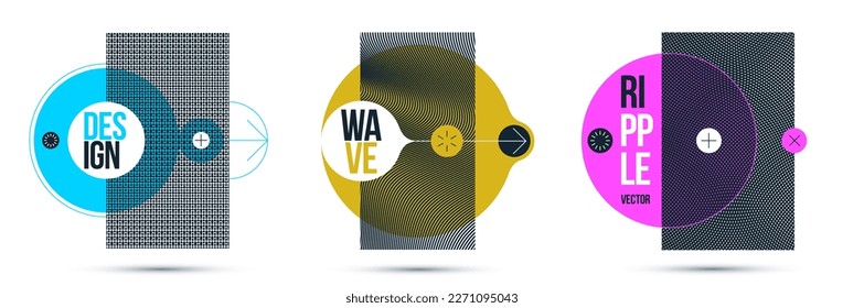 Graphic design elements vector set, moire trendy layouts with circles, posters and covers abstract modern art, optical art banners.