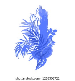 Graphic design with exotic leaves and trees in blue colors. Vector boitanical illustration isolated on white background