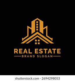 Un Diseño gráfico presenta un logotipo de edificio naranja abstracto sobre un fondo negro. 