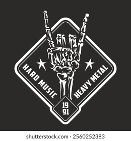 A graphic design features a skeleton hand forming the iconic heavy metal gesture. The design includes bold text highlighting hard music and heavy metal established in 1991.