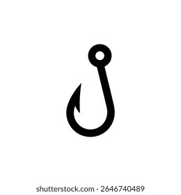 Graphic design features a streamlined black fishing hook with a circular eyelet, set against a clean white backdrop. Ideal for icons, logos, and fishing-themed content.