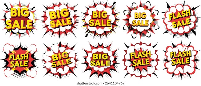 Graphic design features various comic-style speech bubbles with bursting effects that promote 'Big Sale' and 'Flash Sale' in bold yellow letters over a red background.