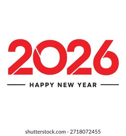 Ein Grafikdesign mit '2026' in großem, fett-rotem Text mit 'HAPPY NEW YEAR' in kleinerem, schwarzem Text darunter, einzeln auf weißem Hintergrund
