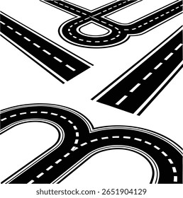 Um design gráfico com representações abstratas de segmentos rodoviários, incluindo interseções, curvas e de maneira direta, tudo em preto e branco.