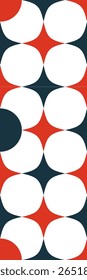 A graphic design featuring abstract shapes in red, white, and da
