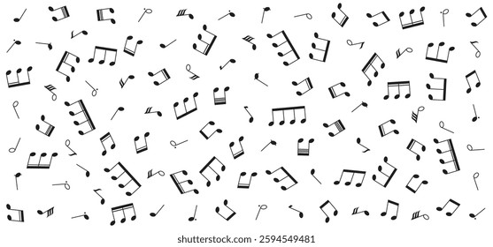 Graphic design featuring an assortment of musical notes scattered across a white background. Perfect for musicthemed designs, wallpapers or artistic projects.