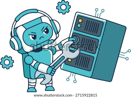 Graphic design featuring an autonomous artificial intelligence robot, portrayed as a cute yet focused character, utilizing a wrench to conduct essential fixing or upgrading of a large network server unit. Ideal for symbolizing quick response IT maintenance and reliable technical assistance.