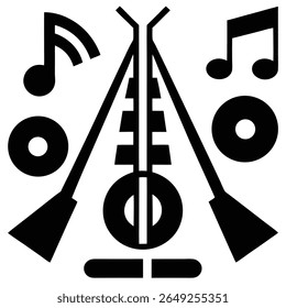 A graphic design featuring black abstract musical symbols including notes and clefs against a white background.