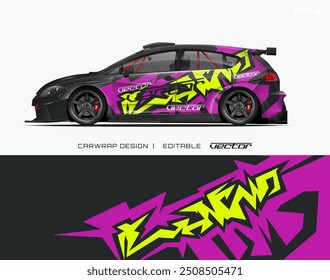 Graphic design featuring black car with pink and yellow accents, ideal for car wrap designs for stand out vehicle branding.