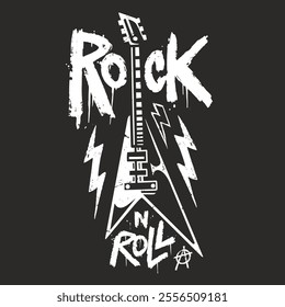 A graphic design featuring a bold electric guitar surrounded by striking lightning bolts. The words rock n roll are prominently displayed in a grunge style conveying energy and attitude.