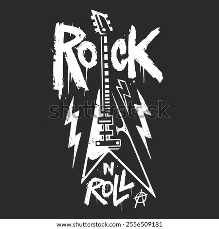 A graphic design featuring a bold electric guitar surrounded by striking lightning bolts. The words rock n roll are prominently displayed in a grunge style conveying energy and attitude.