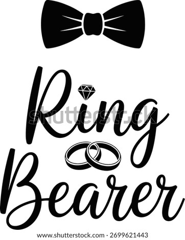 A graphic design featuring a bow tie, diamond, and wedding rings above the text "Ring Bearer" in elegant script.