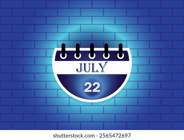 A graphic design featuring a calendar page showing July 22nd. The calendar is depicted against a backdrop of a blue brick wall, creating a clean and modern aesthetic.