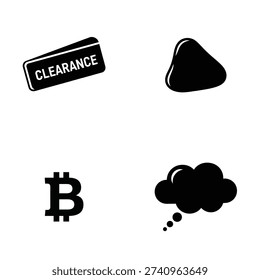 A graphic design featuring a clearance sign, a bitcoin symbol, and thought bubbles on a white background silhouette