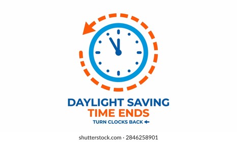 A graphic design featuring a clock face with an orange circular arrow indicating the backward movement for the end of daylight saving time.