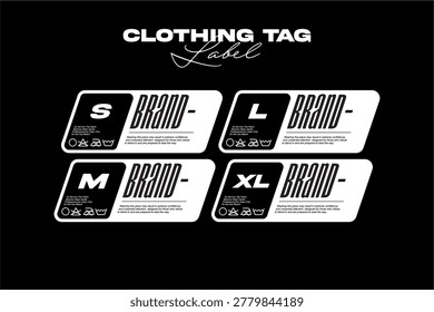 A graphic design featuring clothing tags with size labels S, M, L, and XL, along with brand information and care symbols.