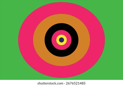 Un Diseño gráfico con círculos concéntricos en vibrantes colores rosa, naranja, negro, amarillo y azul, sobre un fondo verde sólido.