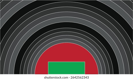 A graphic design featuring concentric grayscale arcs with a red semi-circle and a green rectangle.