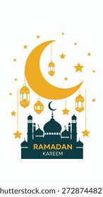 Design gráfico com lua crescente e estrelas para o Ramadã