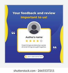 Un Diseño gráfico con una reseña Cliente con una calificación de estrellas y texto, enfatizando "¡Tu Comentarios y reseña es importante para nosotros!" sobre un fondo azul con acentos ondulados amarillos.