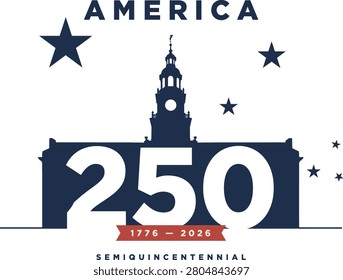 Graphic design featuring a dark blue building with clock tower, large white '250' text, and red banner on beige background with stars