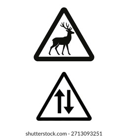 Un Diseño gráfico que presenta un ciervo cruzando una carretera con una señal de tráfico, probablemente destinado a campañas de concienciación sobre seguridad, materiales educativos o señalización ambiental.
