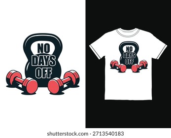 Un Diseño gráfico con mancuernas y una campana de agua con el texto 'NO DAYS OFF' en una camiseta y como un logotipo independiente