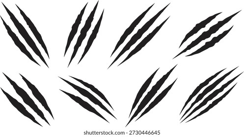 A graphic design featuring eight black claw marks arranged symmetrically on a plain white background
