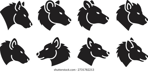 Um design gráfico com oito cabeças de cavalo em perfil, tudo em silhueta preta com contornos brancos, dispostos em duas fileiras de quatro