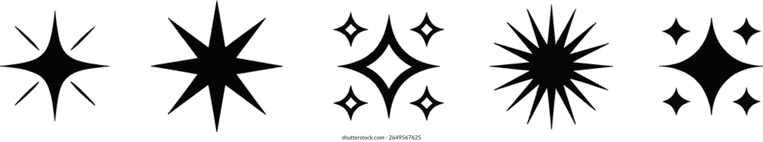 A graphic design featuring five distinct black starburst and sparkle shapes. The collection includes varied point counts and styles, presented against a clean white backdrop.