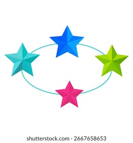 Um desenho gráfico com quatro estrelas coloridas (azul, azul, rosa e verde-limão) conectadas por uma linha azul-azulada clara, formando um círculo.