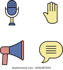 A graphic design featuring four distinct icons arranged in a 2x2 grid. The top left icon is a blue microphone with a yellow stand. The top right icon is a raised yellow hand. 