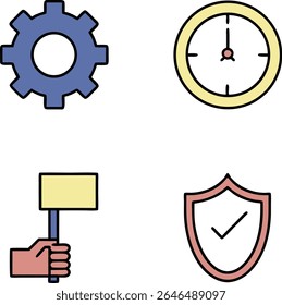 Un Diseño gráfico con cuatro íconos distintos dispuestos en una cuadrícula de 2x2 sobre un fondo blanco. El icono superior izquierdo es un engranaje azul.  