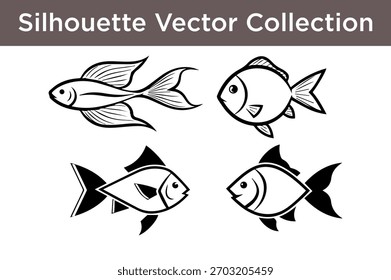 Um design gráfico com quatro ilustrações de silhueta em preto e branco distintas de peixes, apresentadas em um estilo vetorial limpo.
