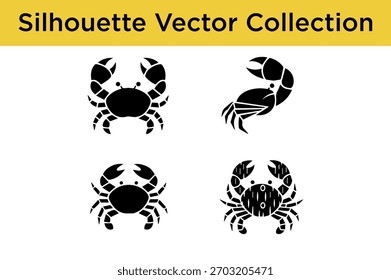 A graphic design featuring four distinct black silhouette illustrations of crabs on a white background.