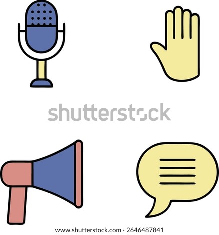 A graphic design featuring four distinct icons arranged in a 2x2 grid. The top left icon is a blue microphone with a yellow stand. The top right icon is a raised yellow hand. 