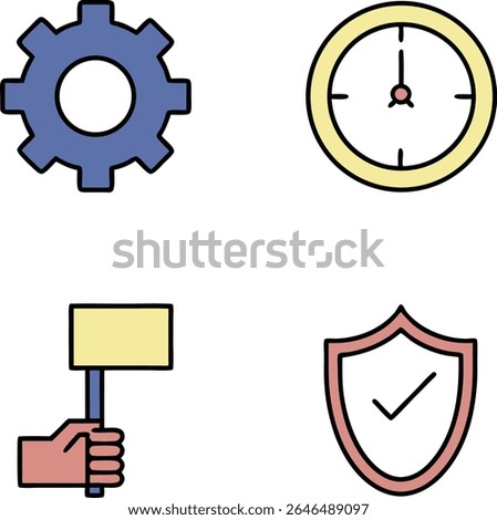 A graphic design featuring four distinct icons arranged in a 2x2 grid on a white background. The top left icon is a blue gear.  