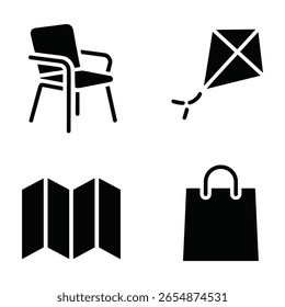 Ein Grafikdesign mit vier separaten schwarzen Symbolen auf weißem Hintergrund. Die Symbole stellen einen Stuhl, einen Drachen, eine gefaltete Karte und eine Einkaufstasche dar, die jeweils einen einfachen, gewagten Umriss haben.