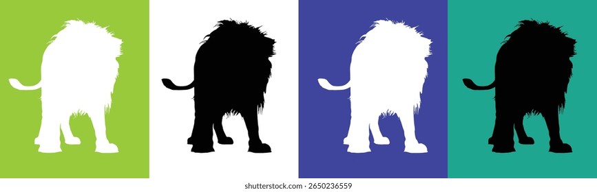 A graphic design featuring four stylized lion silhouettes arranged horizontally.