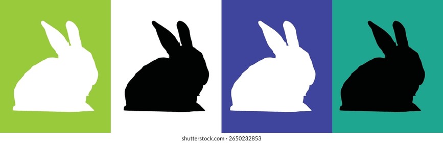 A graphic design featuring four vertical panels. The first panel shows a white rabbit silhouette against a lime green background.