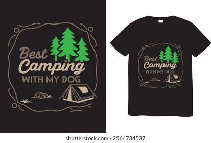 A graphic design featuring a golden retriever dog sitting next to a camping tent, perfect for a camping enthusiast.