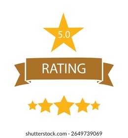 A graphic design featuring a golden star with '5.0' inside, a golden ribbon banner with the word 'RATING', and four golden stars below, all on a white background.