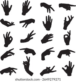 A graphic design featuring a grid of twenty black silhouettes of human hands displaying various gestures against a white background.