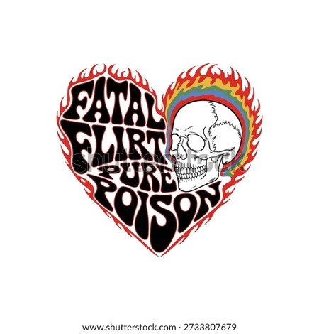 A graphic design featuring a heart shape with flames and a skull illustration inside