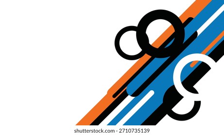 Graphic design featuring intersecting orange and blue stripes, overlaid with black and white rings, creating a dynamic and modern abstract composition.